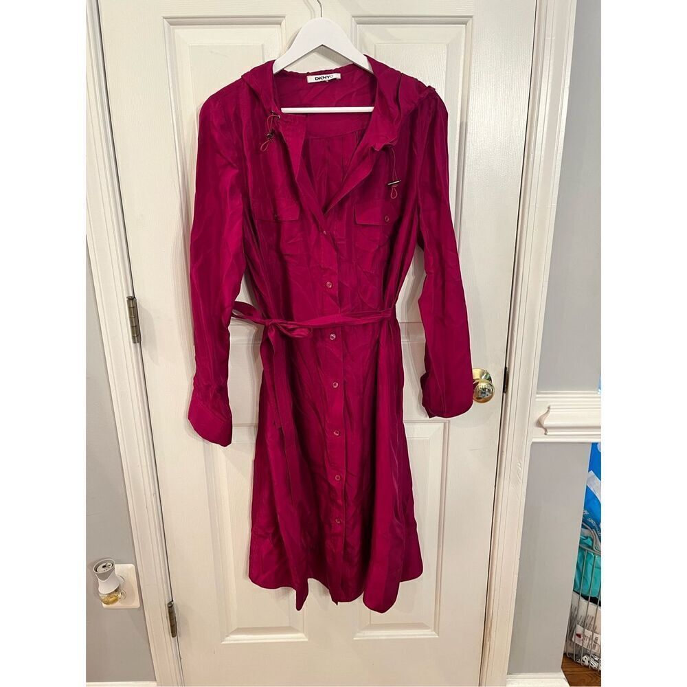 DKNY Magenta 100% Silk Tie Belt Hoodie Dress sz L EUC
